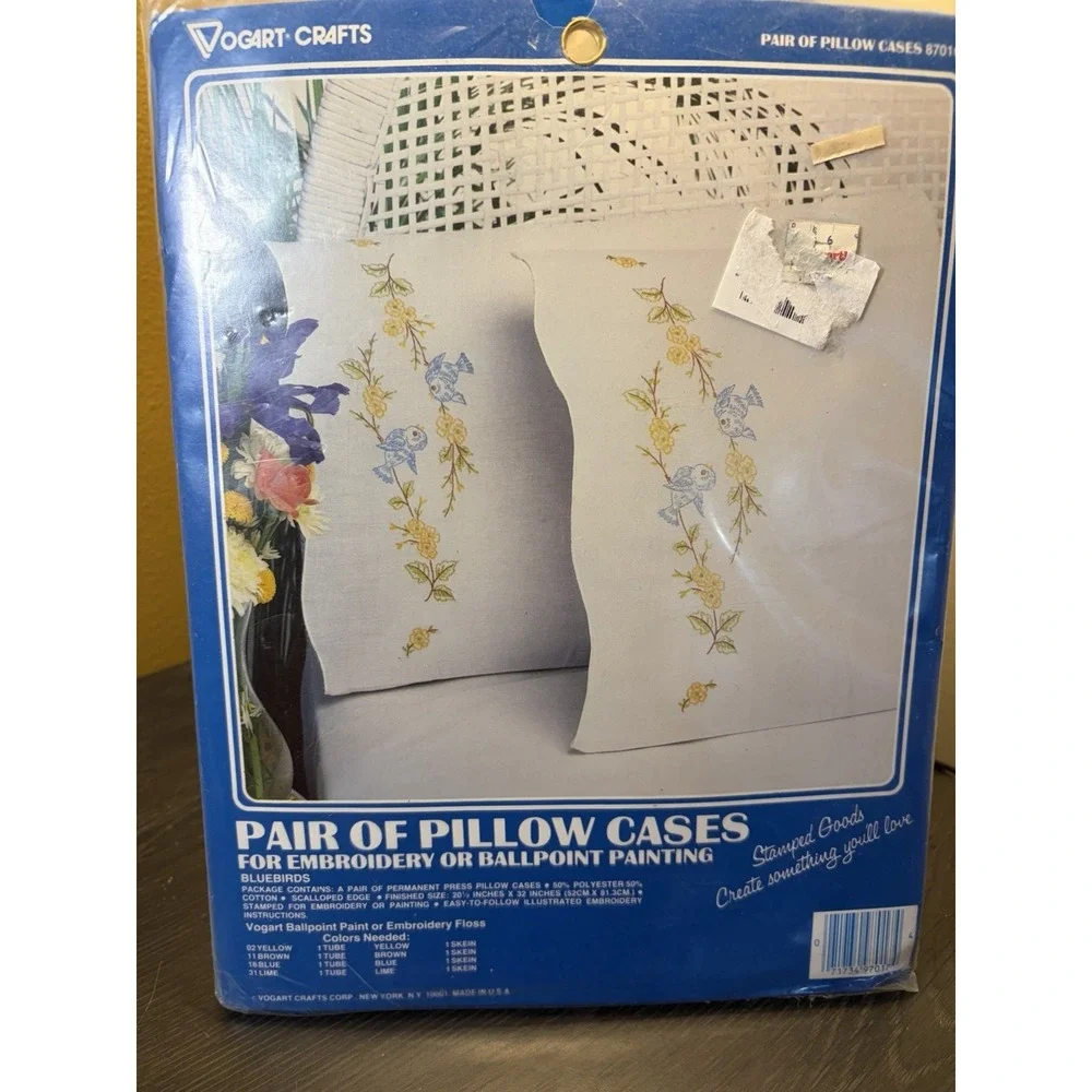 Vogart Crafts Bluebirds Pair of Pillow Cases Embroidery/Painting #8701G NIP